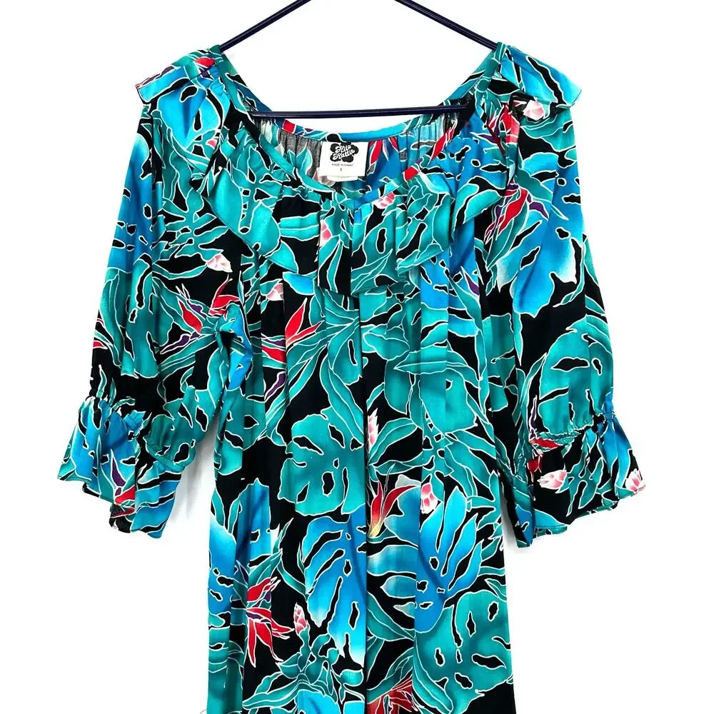 Hilo Hattie‎ Size L 3/4 Sleeve Boat Neck Long Dress Blue Tropical Print Casual - Picture 3 of 5
